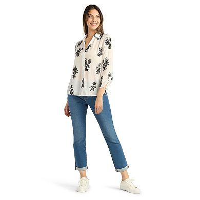 Women's AB Studio Embroidered Button Front Tie Front Top