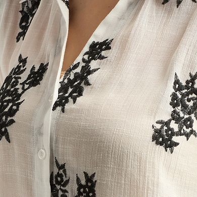Women's AB Studio Embroidered Button Front Tie Front Top