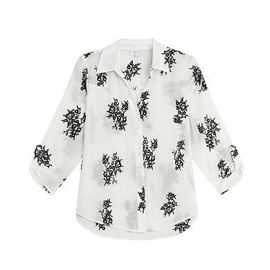 Women's AB Studio Embroidered Button Front Tie Front Top