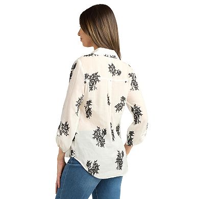 Women's AB Studio Embroidered Button Front Tie Front Top