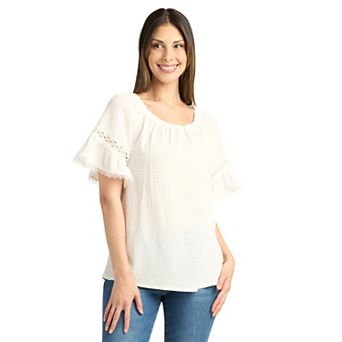 Women's AB Studio Elbow Sleeve Ruffle Trim Peasant Top With Necklace