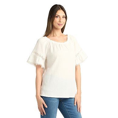 Women's AB Studio Elbow Sleeve Ruffle Trim Peasant Top With Necklace