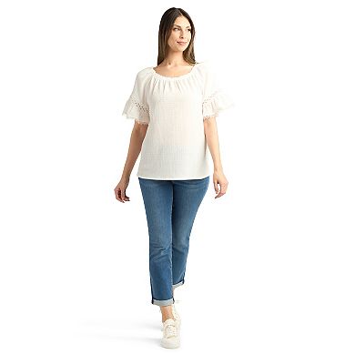 Women's AB Studio Elbow Sleeve Ruffle Trim Peasant Top With Necklace
