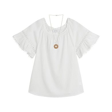 Women's AB Studio Elbow Sleeve Ruffle Trim Peasant Top With Necklace