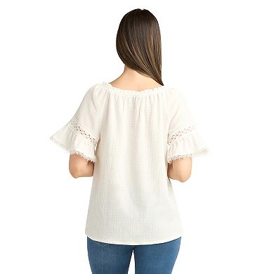 Women's AB Studio Elbow Sleeve Ruffle Trim Peasant Top With Necklace