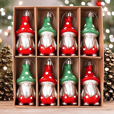Red and Green Polka Dot Christmas Folksy Gnome Ornament Set, 8 Shatterproof Tree Gnomies