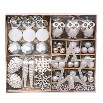 Winter Woodlands Large White and Silver Ornament 90 Set of Owls, Cones, Snowflakes, and Stalactites
