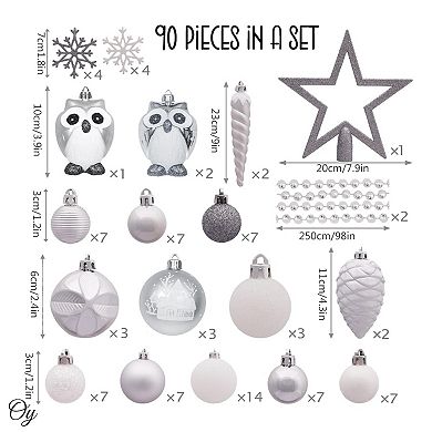Winter Woodlands Large White and Silver Ornament 90 Set of Owls, Cones, Snowflakes, and Stalactites
