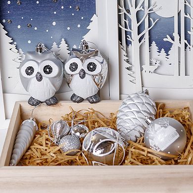 Winter Woodlands Large White and Silver Ornament 90 Set of Owls, Cones, Snowflakes, and Stalactites