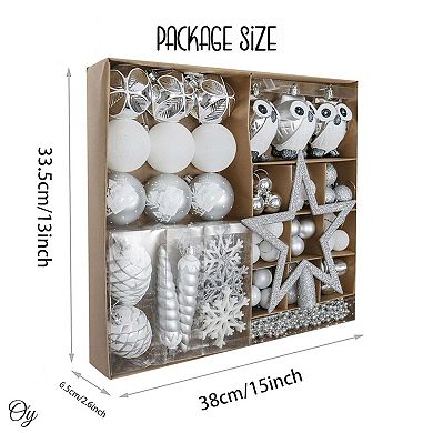 Winter Woodlands Large White and Silver Ornament 90 Set of Owls, Cones, Snowflakes, and Stalactites