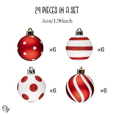 Polka Dot and Candycane Color Style Ornament Bundle, Set of 24 Red and White Patterned Christmas