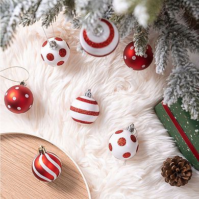 Polka Dot and Candycane Color Style Ornament Bundle, Set of 24 Red and White Patterned Christmas