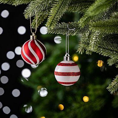 Polka Dot and Candycane Color Style Ornament Bundle, Set of 24 Red and White Patterned Christmas
