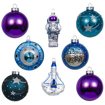 Galactic Space Theme Glass Ornament Bundle, Star Pattern, Astronaut, Spaceship, and UFO Baubles