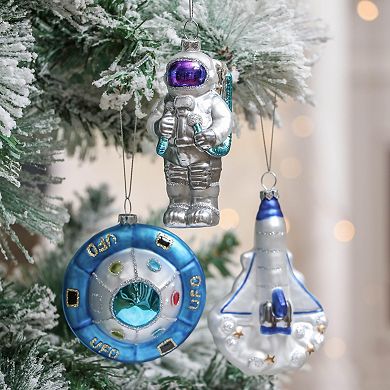 Galactic Space Theme Glass Ornament Bundle, Star Pattern, Astronaut, Spaceship, and UFO Baubles