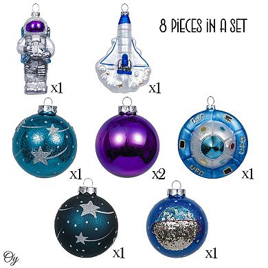 Galactic Space Theme Glass Ornament Bundle, Star Pattern, Astronaut, Spaceship, and UFO Baubles