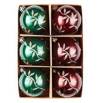 Majestic Gold Glittered Floral Bauble Christmas Ornament Set, 6 pc of Maroon and Green Balls