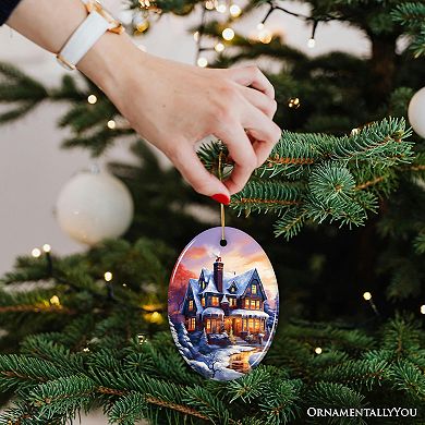 Serene Snowy House Painting Christmas Ornament Tranquil Winter Wonderland Decor Keepsake, Oval