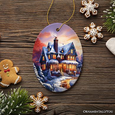 Serene Snowy House Painting Christmas Ornament Tranquil Winter Wonderland Decor Keepsake, Oval
