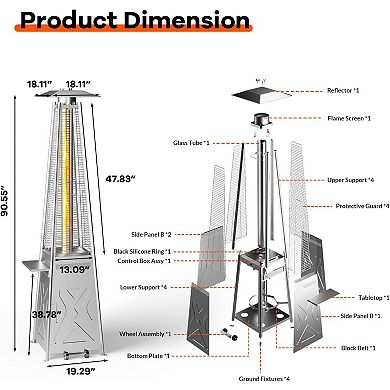 48,000BTU Pyramid Shaped Freestanding Heater, Outdoor Gas Patio Heate for Garden Patio Terrace