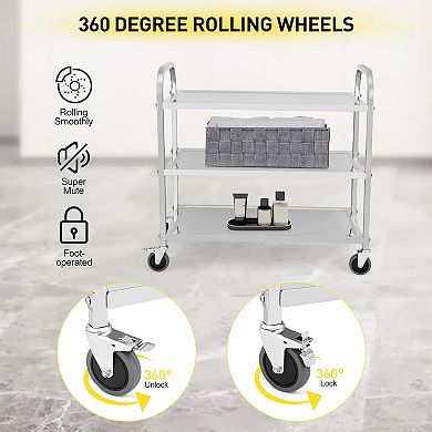 3 Tier Stainless Steel Utility Cart with Handle and Locking Wheels, 265Lbs