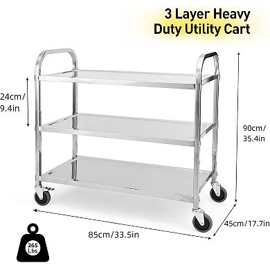 3 Tier Stainless Steel Utility Cart with Handle and Locking Wheels, 265Lbs