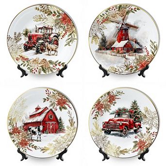 Farmhouse Christmas Set of 4 Plates with Real Gold, Tableware for Salad, Dessert, and Appetizer