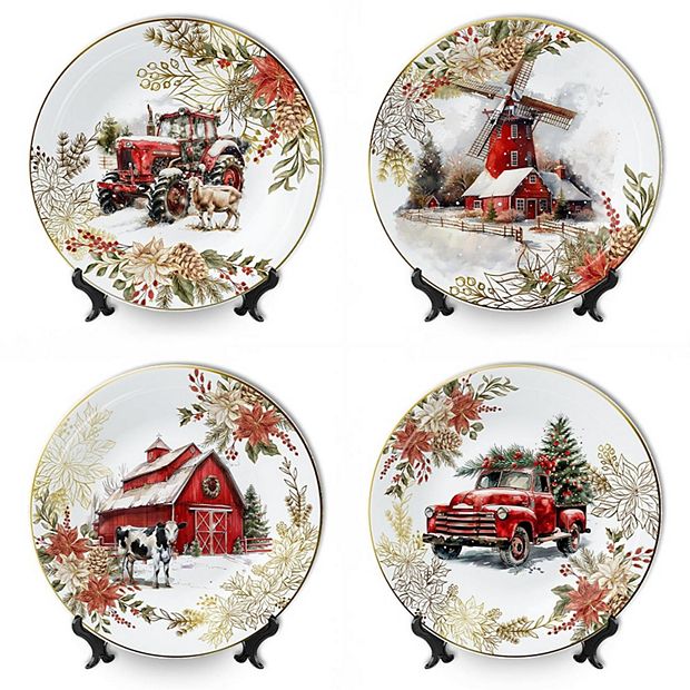 Farmhouse Christmas Set of 4 Plates with Real Gold, Tableware for