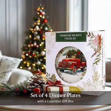 Farmhouse Christmas Set of 4 Plates with Real Gold, Tableware for Salad, Dessert, and Appetizer