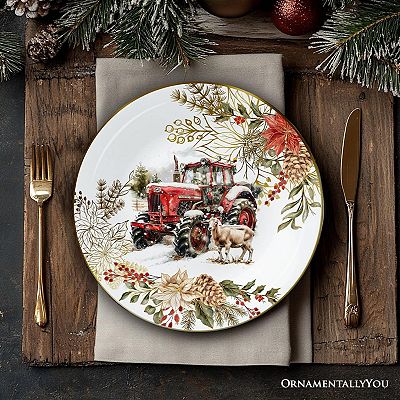 Farmhouse Christmas Set of Plates with Real Gold, Tableware for