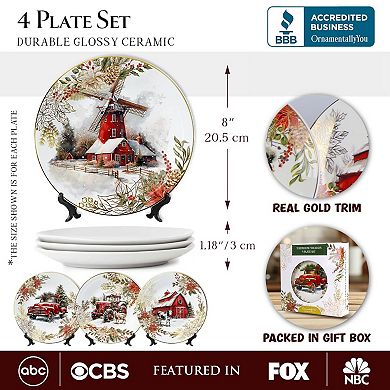 Farmhouse Christmas Set of 4 Plates with Real Gold, Tableware for Salad, Dessert, and Appetizer