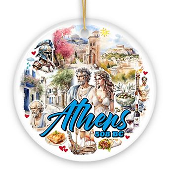 Athens Acropolis Historical Landmarks Ornament, Greek Heritage Gift and Travel Souvenir, Circle