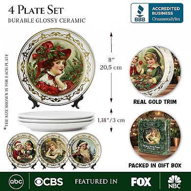 Victorian Elegance Set of 4 Plates with Real Gold Trim, Christmas Collection for Dessert & Appetizer