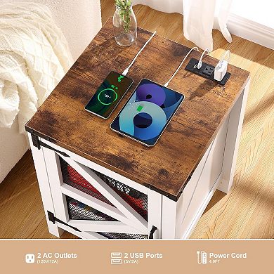 Farmhouse Nightstand with Charging Station, for Bedroom Living Room
