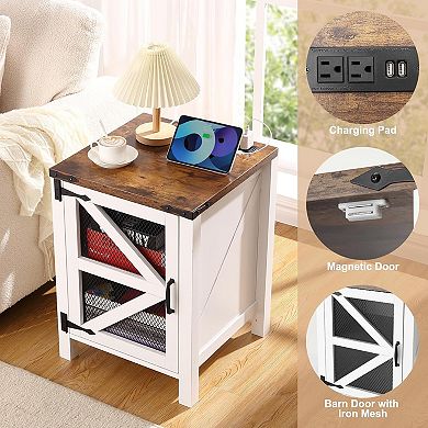 Farmhouse Nightstand with Charging Station, for Bedroom Living Room