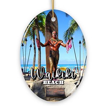 Waikiki Beach Hawaiian Paradise Ornament, Pacific Island Christmas Gift and Souvenir, Oval
