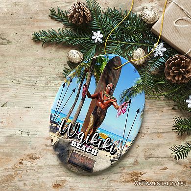 Waikiki Beach Hawaiian Paradise Ornament, Pacific Island Christmas Gift and Souvenir, Oval