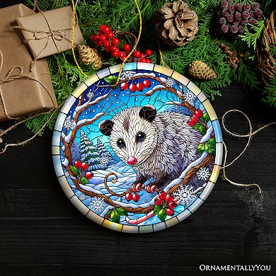 Frosty Possum in Berry Branches Ornament, Playful Winter Wonderland for Holiday Tree Decor