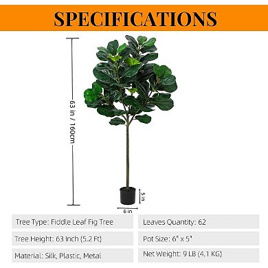 Artificial Fiddle Leaf Fig Tree, Faux Ficus Lyrata Plant with 62 Fiddle Leaves, for Indoor Outdoor
