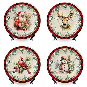 Holiday Cheer Set of 4 Plates with Real Gold Plaid Trim, Christmas Tableware for Salad and Dessert