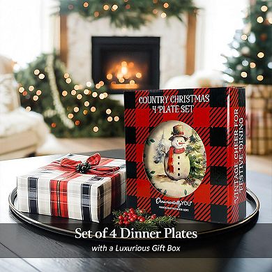 Holiday Cheer Set of 4 Plates with Real Gold Plaid Trim, Christmas Tableware for Salad and Dessert