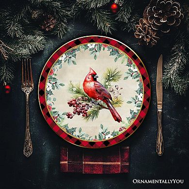 Holiday Cheer Set of 4 Plates with Real Gold Plaid Trim, Christmas Tableware for Salad and Dessert
