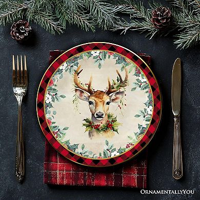 Holiday Cheer Set of 4 Plates with Real Gold Plaid Trim, Christmas Tableware for Salad and Dessert