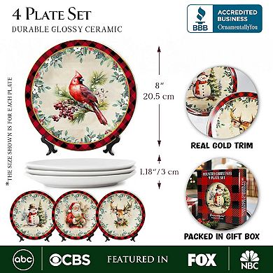 Holiday Cheer Set of 4 Plates with Real Gold Plaid Trim, Christmas Tableware for Salad and Dessert