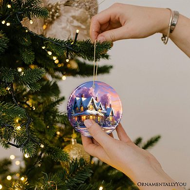 Picturesque Snowy Evening House Illustration Christmas Ornament, Peaceful Home Decoration, Circle