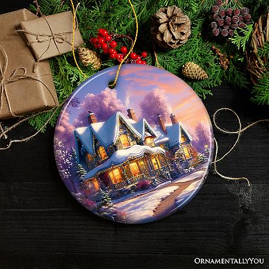 Picturesque Snowy Evening House Illustration Christmas Ornament, Peaceful Home Decoration, Circle