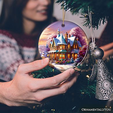 Serene Snowy House Painting Christmas Ornament Tranquil Winter Wonderland Decor Keepsake, Circle