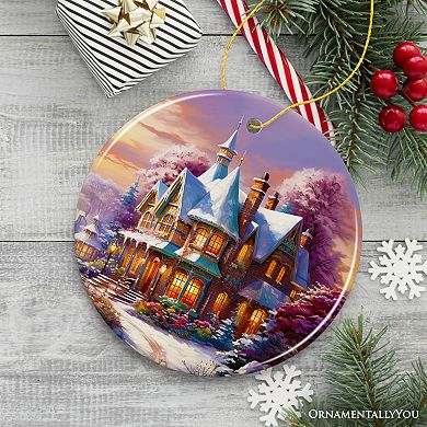 Serene Snowy House Painting Christmas Ornament Tranquil Winter Wonderland Decor Keepsake, Circle