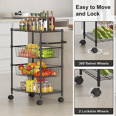 4 Tier Rolling Carts, Metal Wire Utility Cart for Restaurant, Kitchen Mobile Shelf Organizer