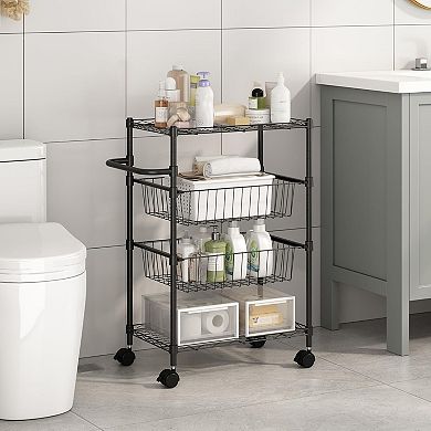 4 Tier Rolling Carts, Metal Wire Utility Cart for Restaurant, Kitchen Mobile Shelf Organizer
